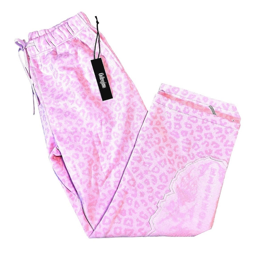 Civil Regime‎ Chaos Luxe Wide Leg Fleece Pants Pink Cheetah Rhinestone Large NEW